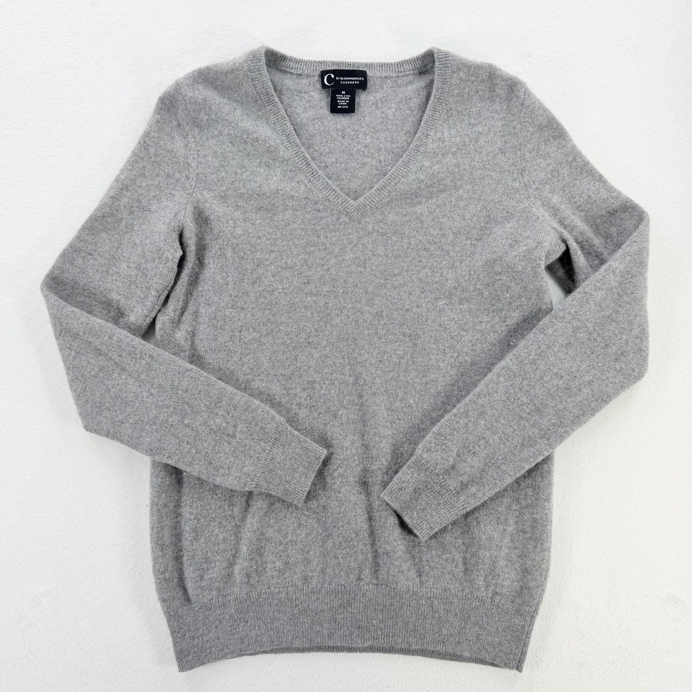 C By Bloomingdale's Sweater Womens Medium Gray 100% Cashmere V Neck Pullover